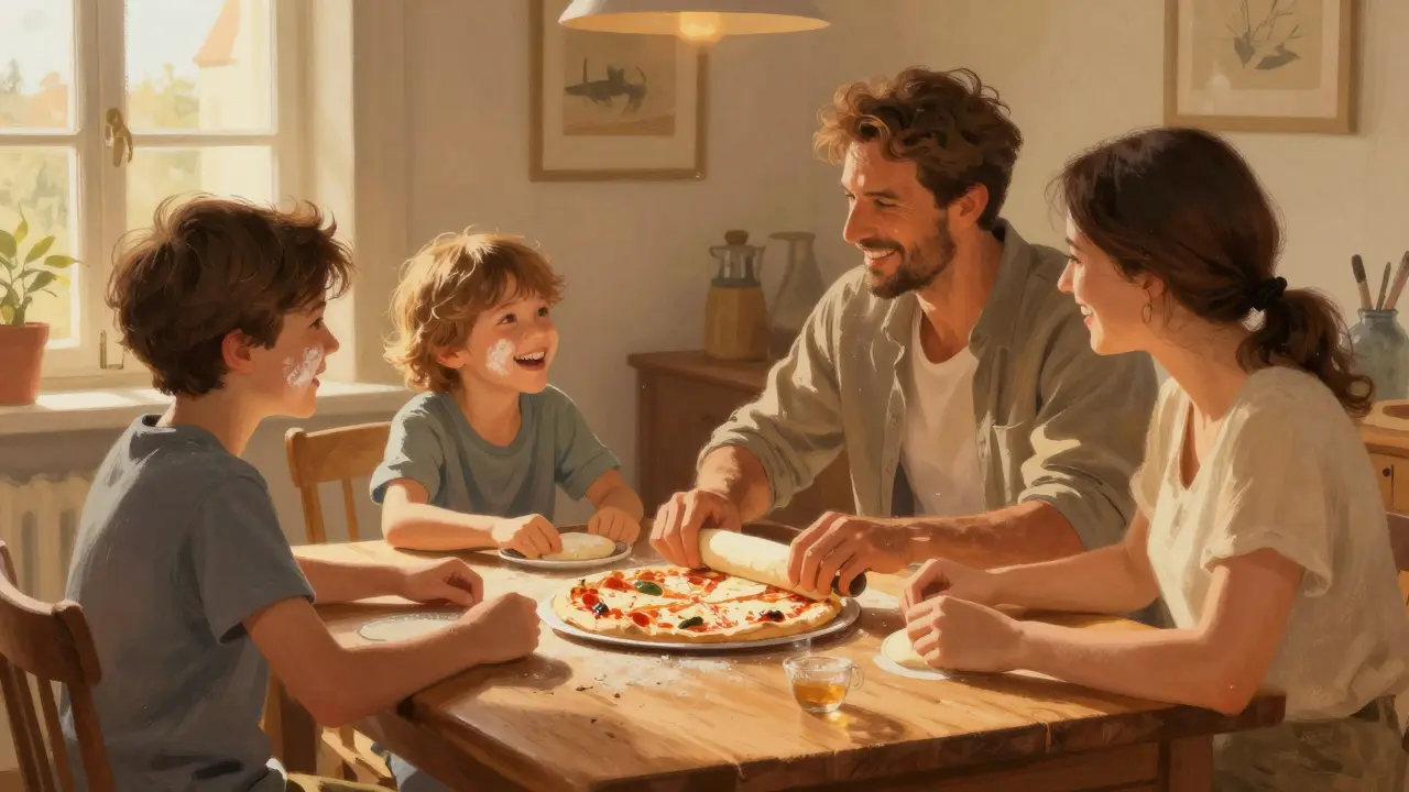 Rodina spolu večeří bez zařízení, dítě si připravuje pizzu s rodičem.