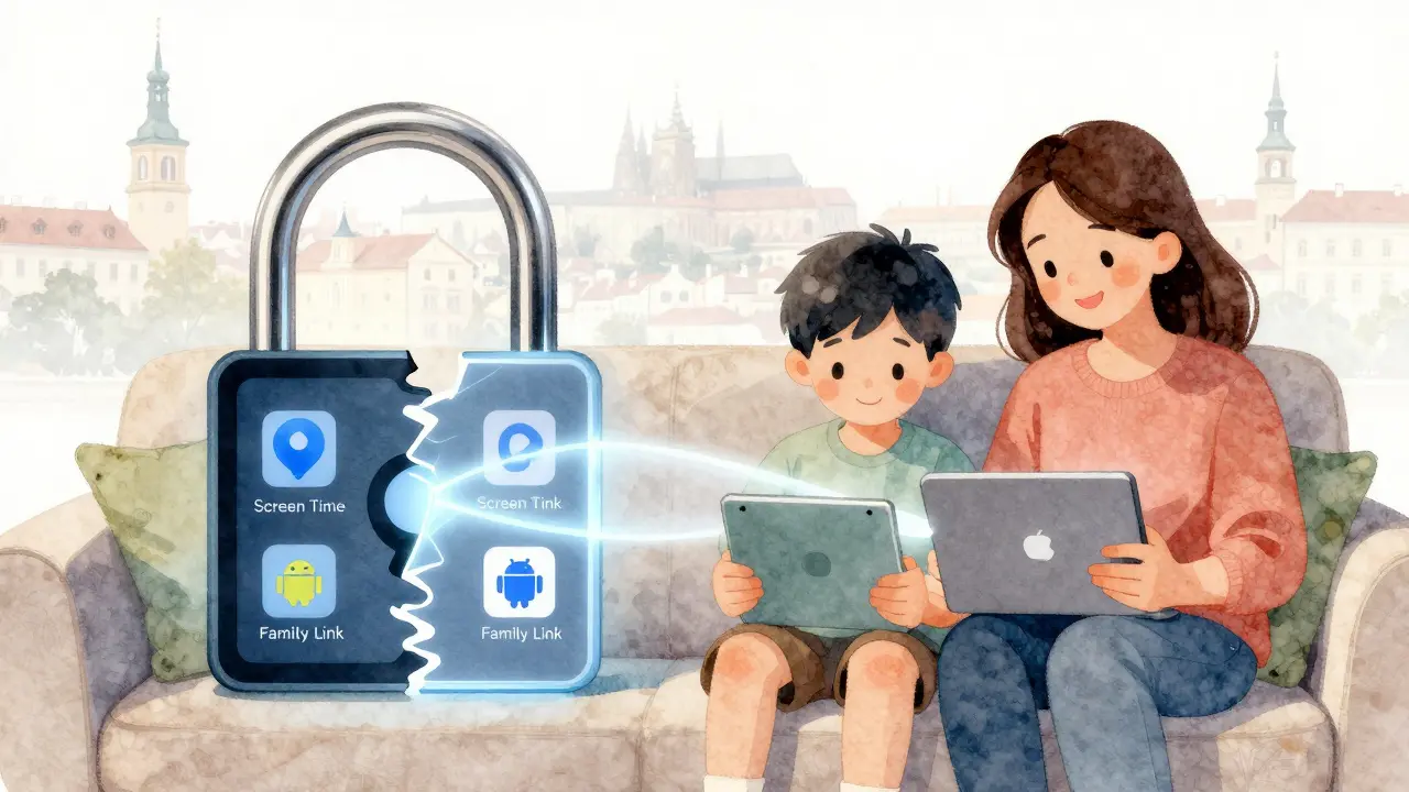 Rodinný zámek se rozpadá na iOS a Android části, zatímco rodič a dítě společně používají tablety.