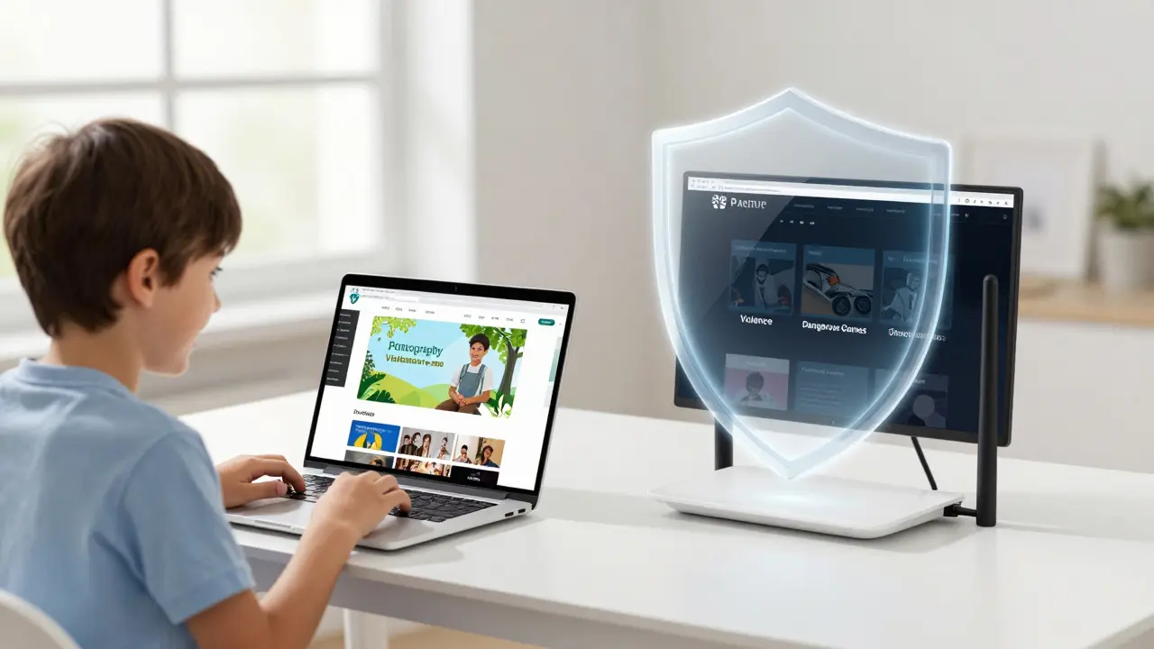Split-screen showing child using safe internet while router blocks dangerous websites with a protective shield.