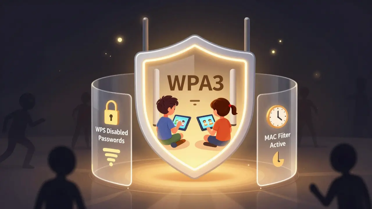 Štít tvaru routeru chrání děti online s filtrem obsahu, časovými limity a zakázaným WPS, zatímco útočníci jsou mimo.