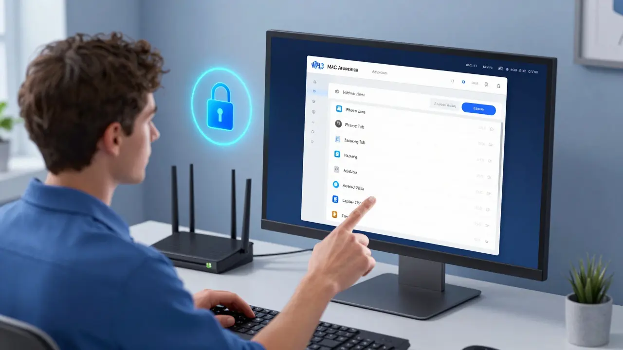 Technik kontroluje seznam připojených zařízení na obrazovce routeru s aktivním MAC filtrem a WPA3 zabezpečením.