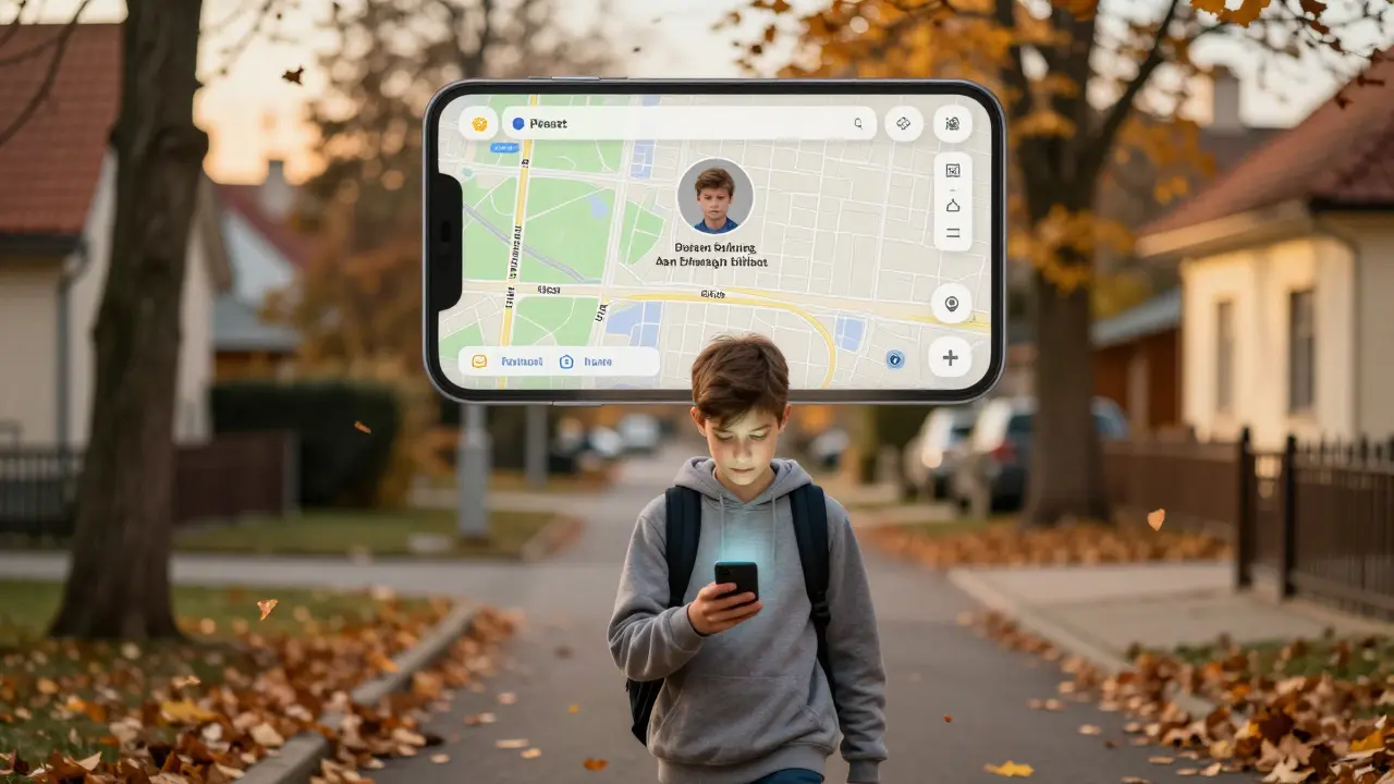Teenager jde domů ve večerním světle, jeho poloha je naznačena jemným překryvem mapy.