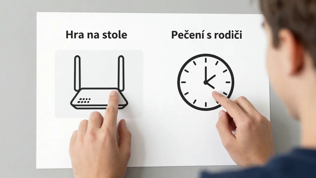 Teenager vybírá aktivitu mimo online svět podle týdenního plánu.