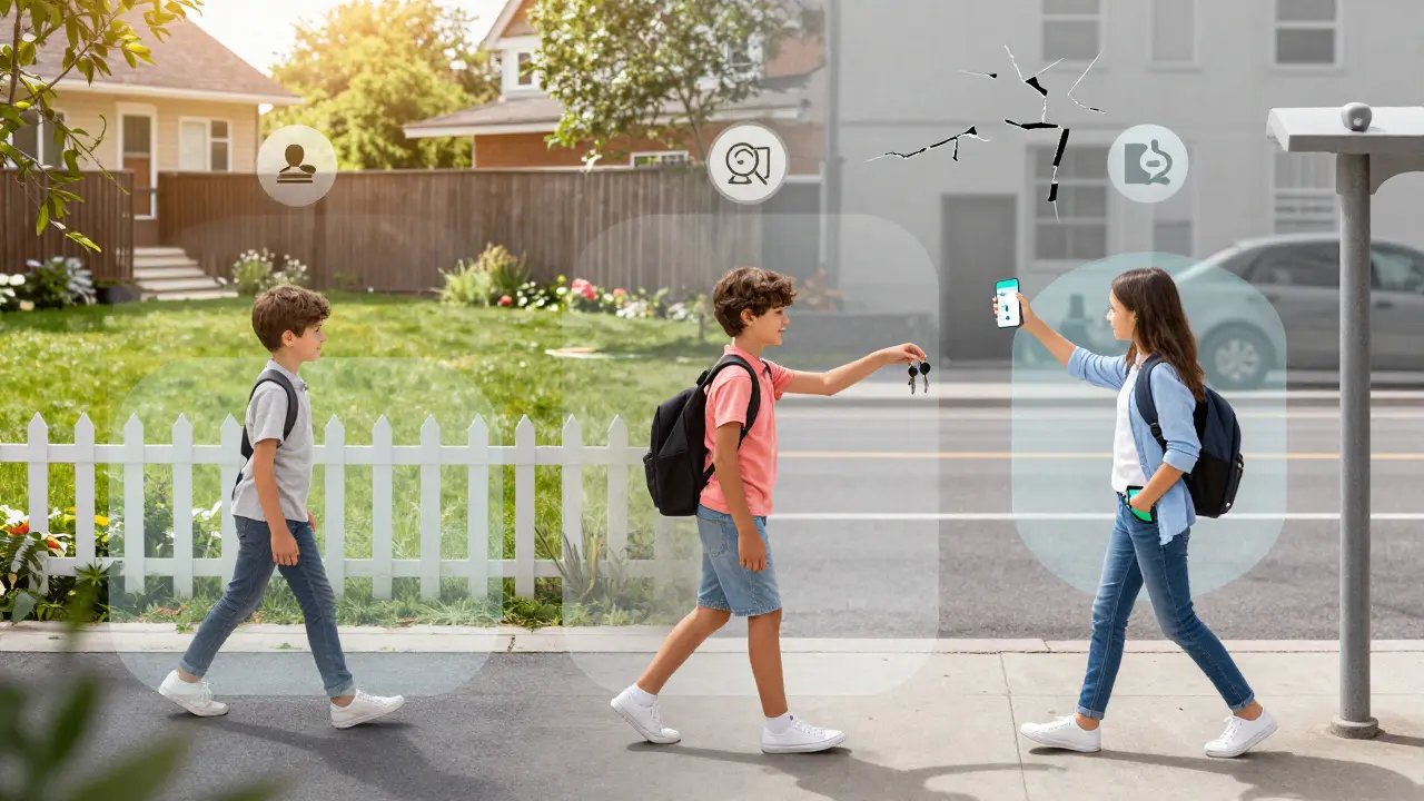 Tři vrstvy vývoje dítěte: hra v zahradě, krátká cesta k sousedovi, cesta do školy s omezeným telefonem.