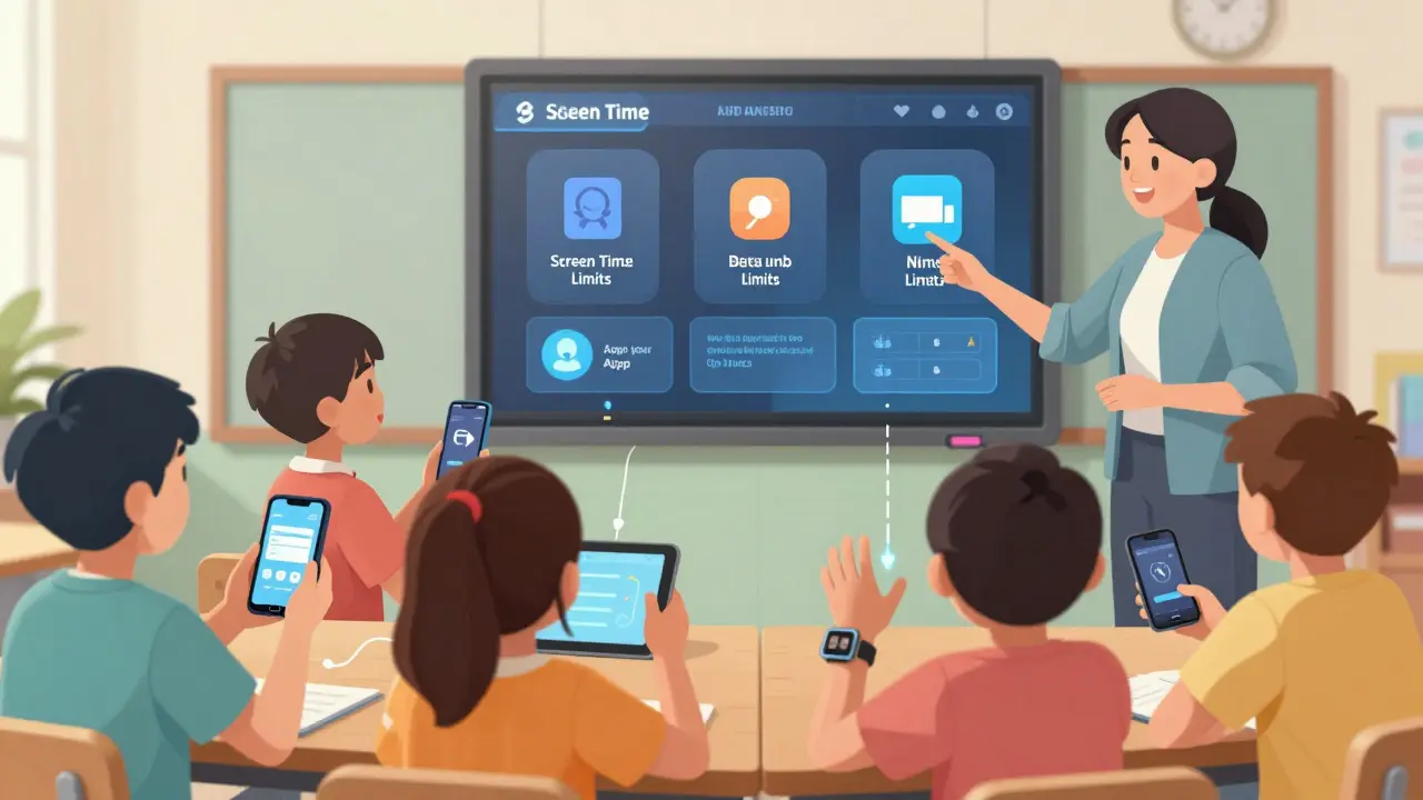 Učitelka v třídě ukazuje na panel s omezeními pro dětská zařízení.