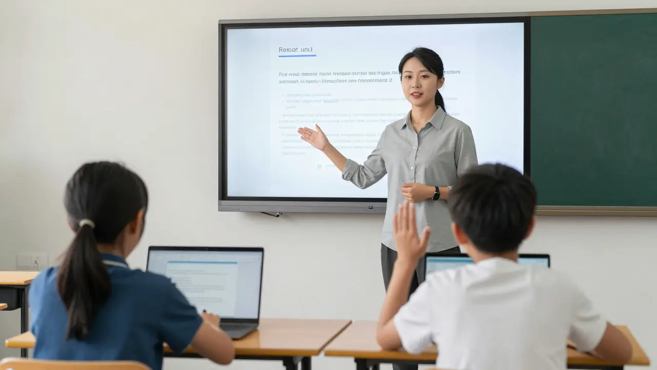 Učitelka ve škole vysvětluje dětem, jak nahlásit nebezpečnou zprávu.